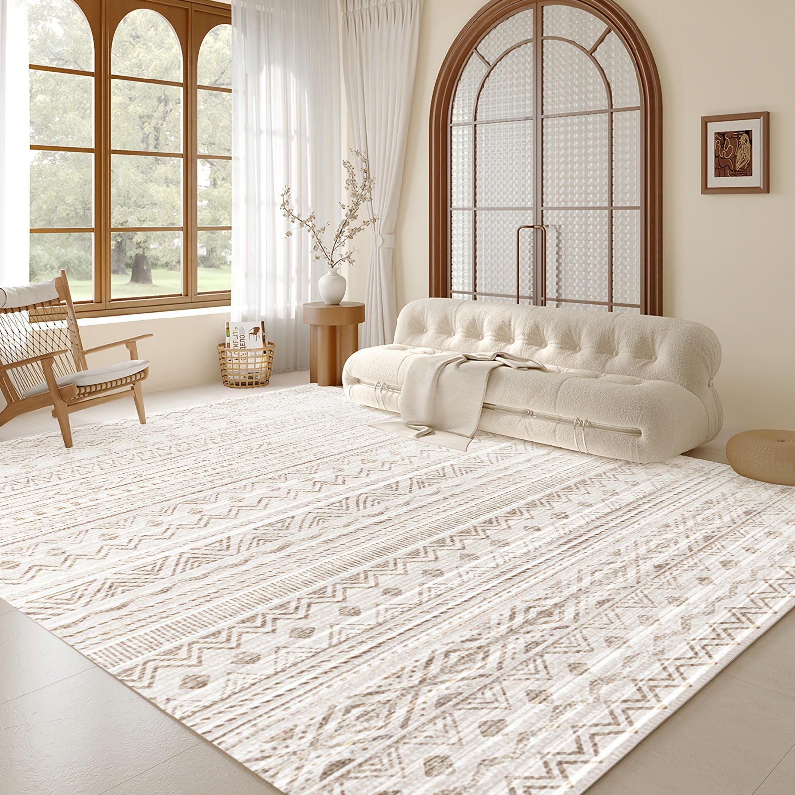 1pc Modern Moroccan Boho Rug - Neutral Blue & Brown Low-Pile Carpet Suitable for Living Room, Bedroom, Office - Machine Washable Soft Indoor Boho with Neutral Tones