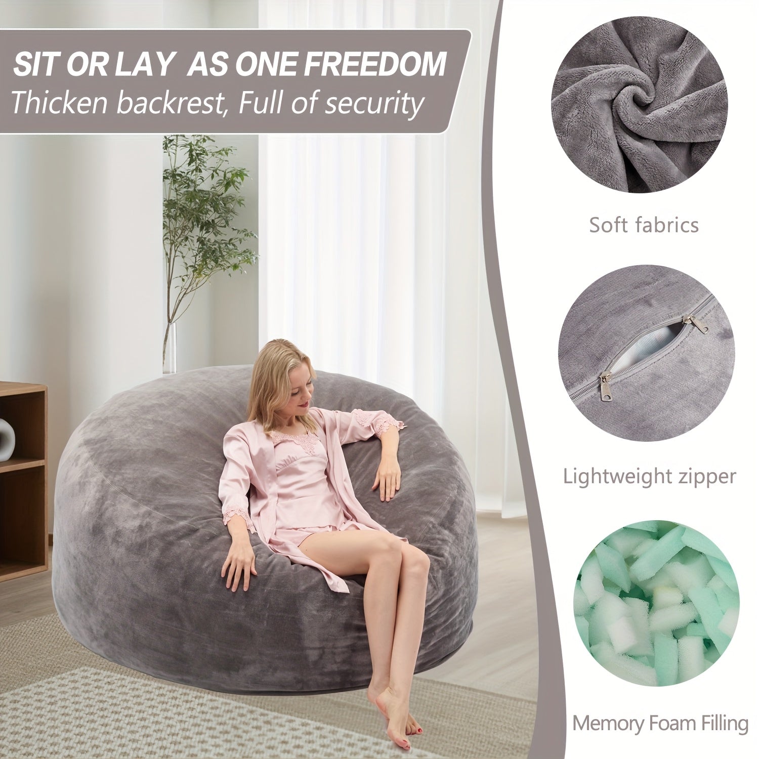 3ft 4ft Bean Bag Chair, 5ft 6ft Giant Bean Bag with Memory Foam Filled Comfy Bean Bag Chairs, for Adults Adult Bean Bag Chair with Dutch Velet Cover for Living Room Bedroom, Apartment, Living Room, Flannel Cover, Machine Washable, Vacuum Packed,