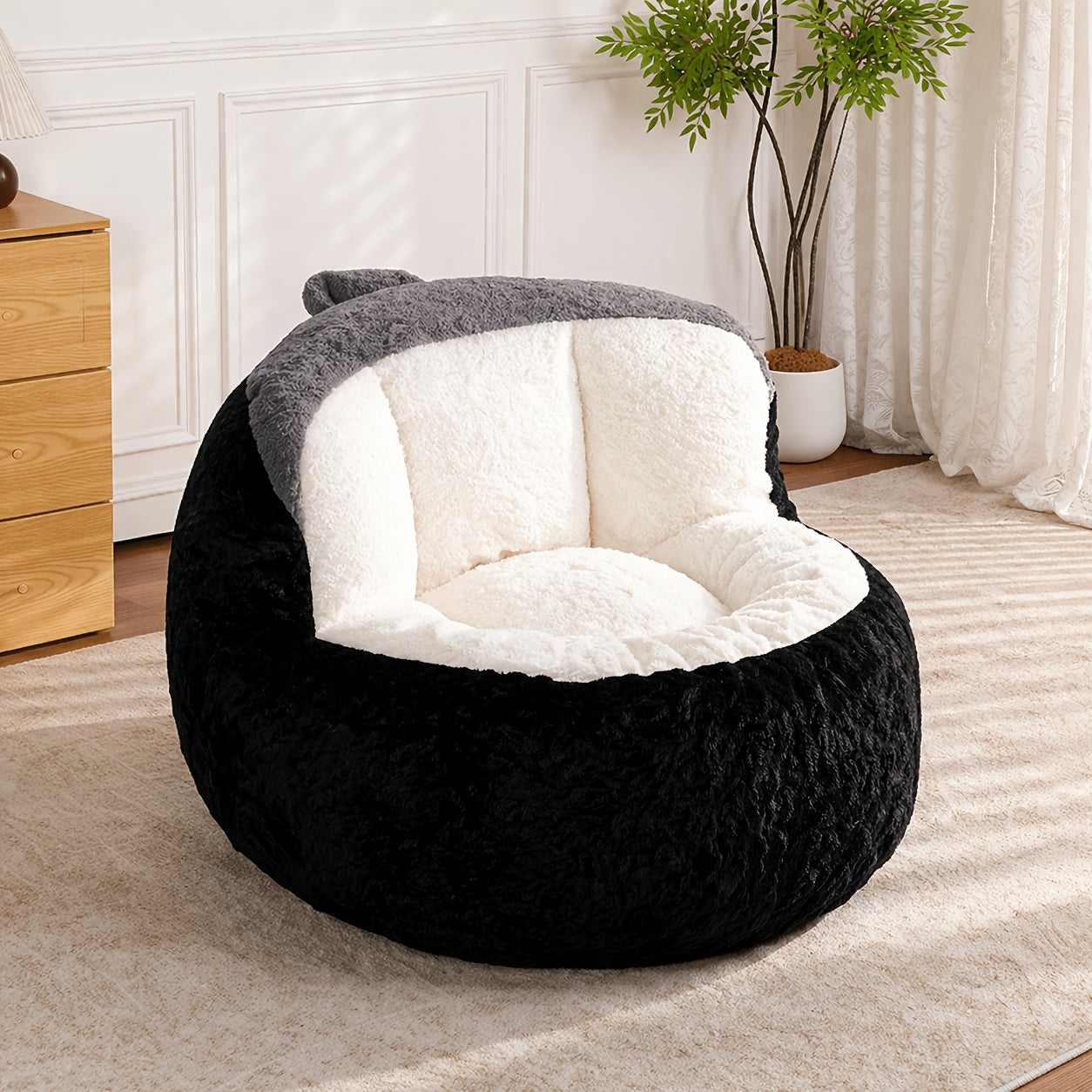 Oversized Faux Fur Bean Bag Chair, Plush Rabbit Fabric Lounger Sofa with High Density Shredded Foam Filling, Soft Cozy Floor Couch with Non Slip Bottom & Handle, No Assembly Large Lounge Chair for Living Room Bedroom Dorm
