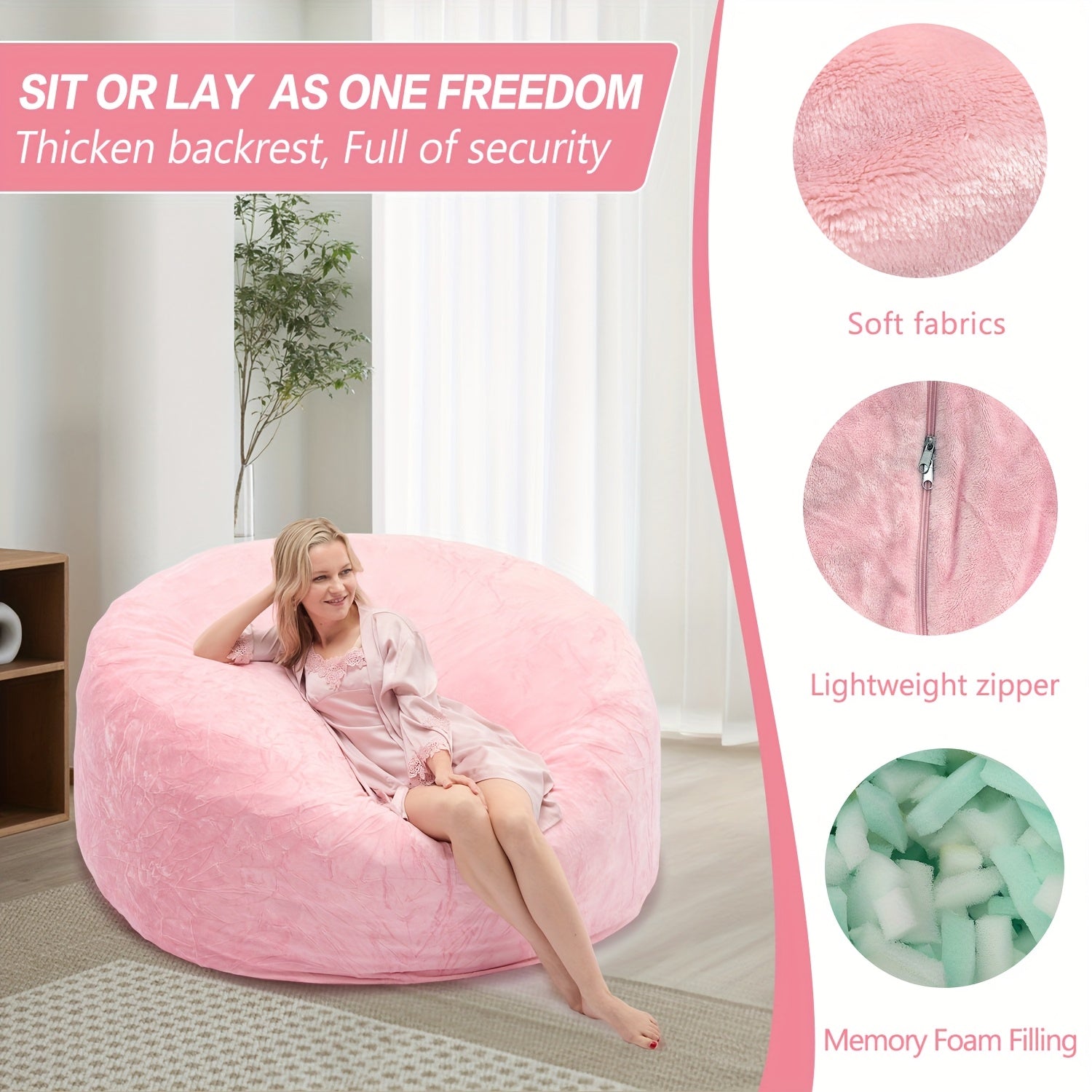3ft 4ft Bean Bag Chair, 5ft 6ft Giant Bean Bag with Memory Foam Filled Comfy Bean Bag Chairs, for Adults Adult Bean Bag Chair with Dutch Velet Cover for Living Room Bedroom, Apartment, Living Room, Flannel Cover, Machine Washable, Vacuum Packed,