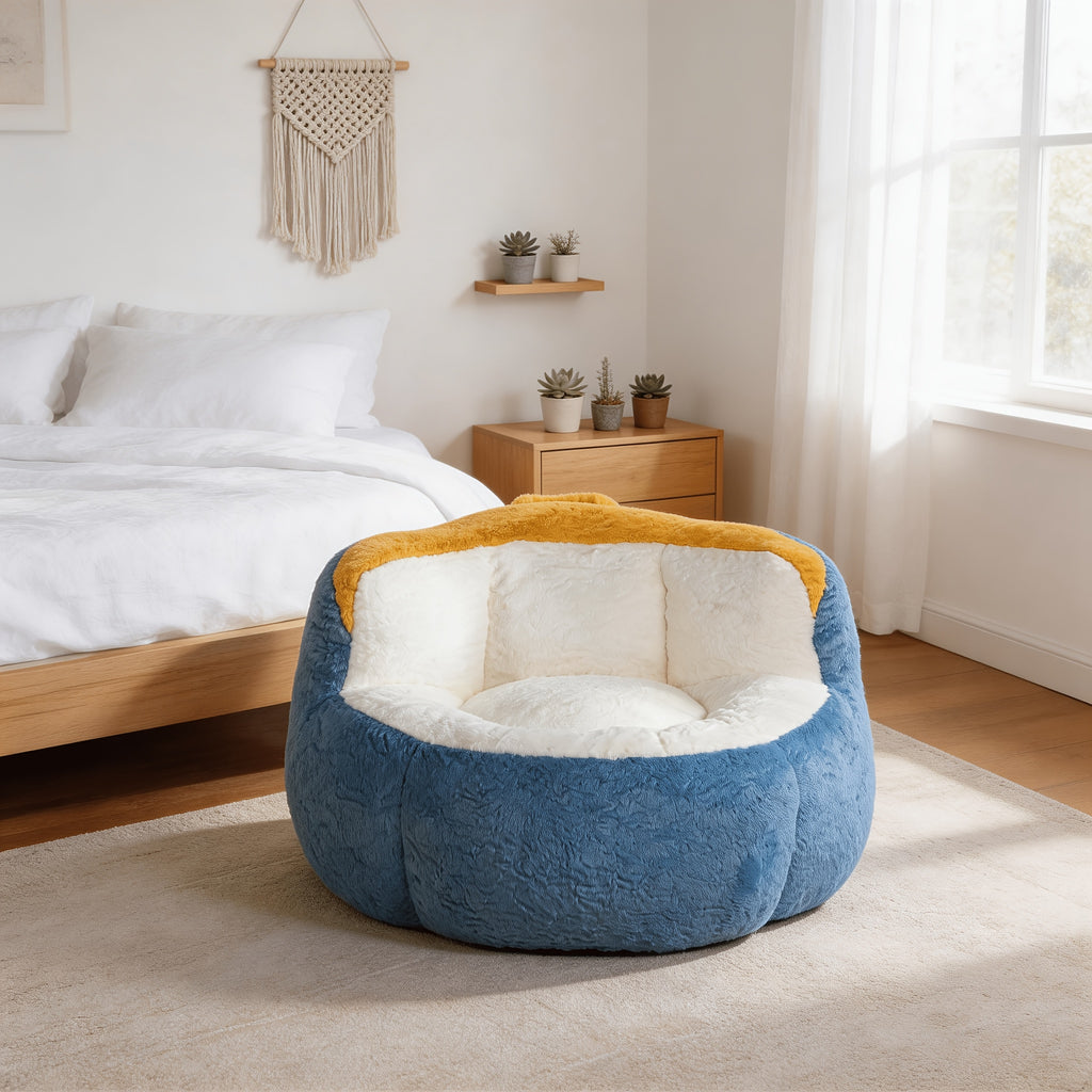 Oversized Faux Fur Bean Bag Chair, Plush Rabbit Fabric Lounger Sofa with High Density Shredded Foam Filling, Soft Cozy Floor Couch with Non Slip Bottom & Handle, No Assembly Large Lounge Chair for Living Room Bedroom Dorm