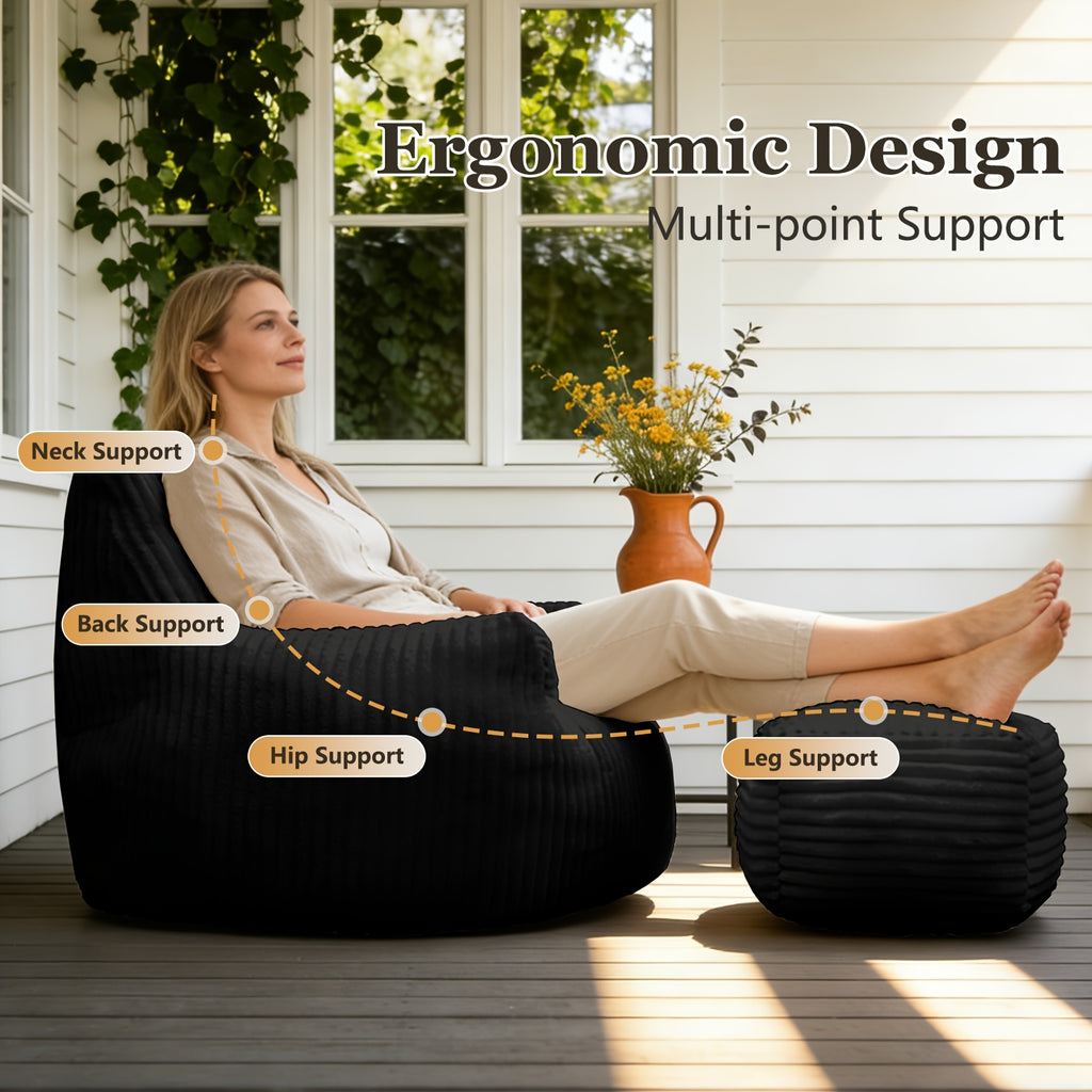 Cozy Corduroy Bean Bag Chair with Footrest - Soft Foam-Filled Lazy Sofa Suitable for Adults &, Corduroy Upholstery Accent Chair for \u002FOutdoor Use, Striped Modern for Living Room, Bedroom, Game Room (Black\u002Fwhite)