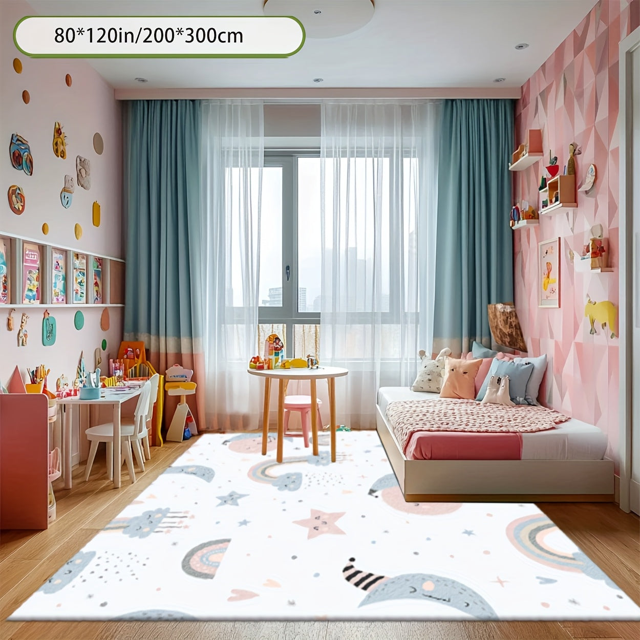 Nursery Rugs | 2D Flat Printing Star and Rainbow Pattern Rectangular Rug, Dream Style, Printed Mat, for large Play Rug, Washable Crawling Mat, Suitable for Bedroom, Machine Washable, Available in Various Sizes, Polyester Material