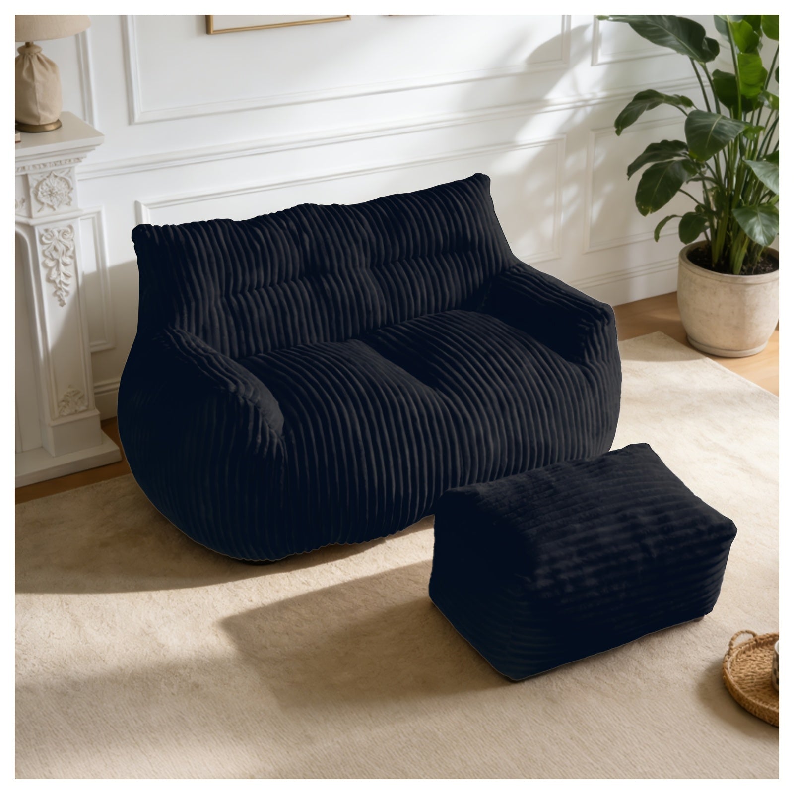 Cozy Corduroy Bean Bag Chair with Footrest - Soft Foam-Filled Lazy Sofa Suitable for Adults &, Corduroy Upholstery Accent Chair for \u002FOutdoor Use, Striped Modern for Living Room, Bedroom, Game Room (Black\u002Fwhite)