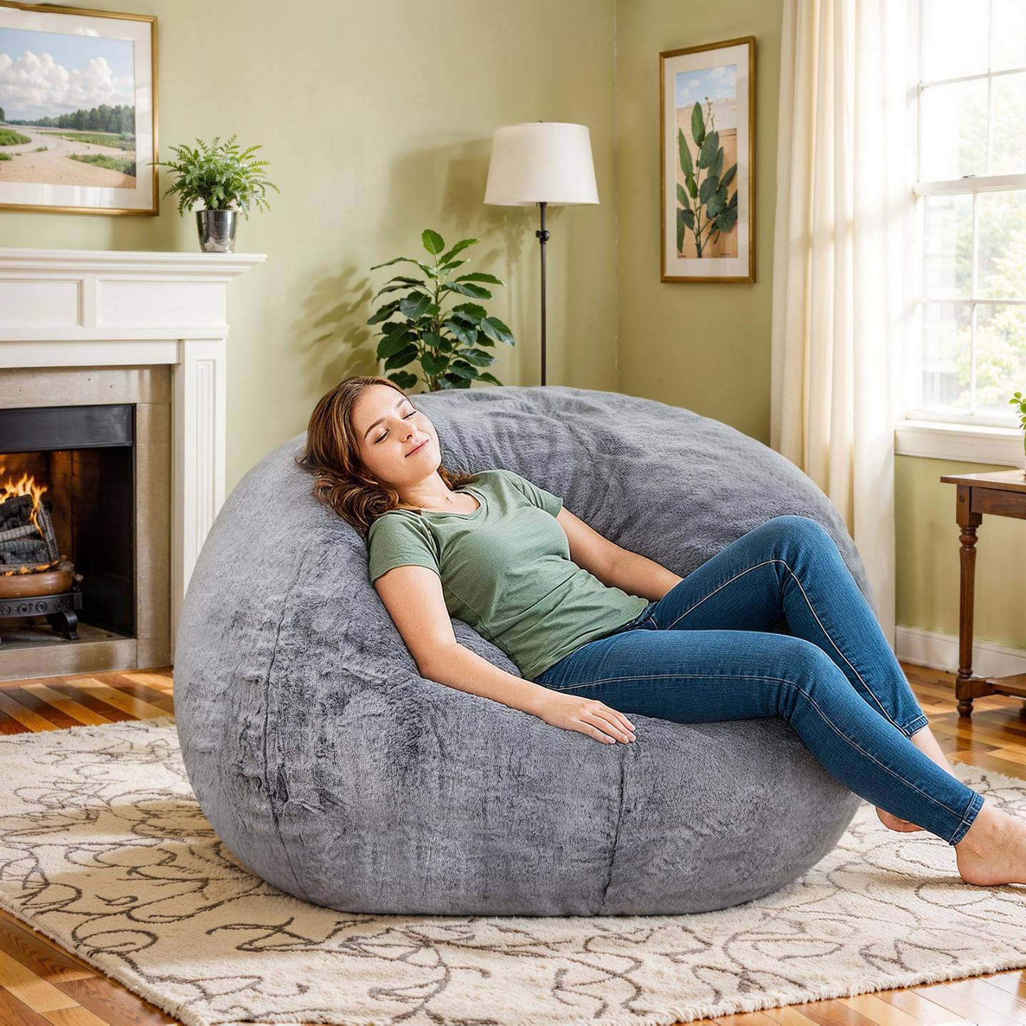 Living Room Bean Bag Chair, Comfy Bean Bag Sofa with Memory Foam, Round Lazy BeanBag Couch for Living Room, Bedroom, Apartment