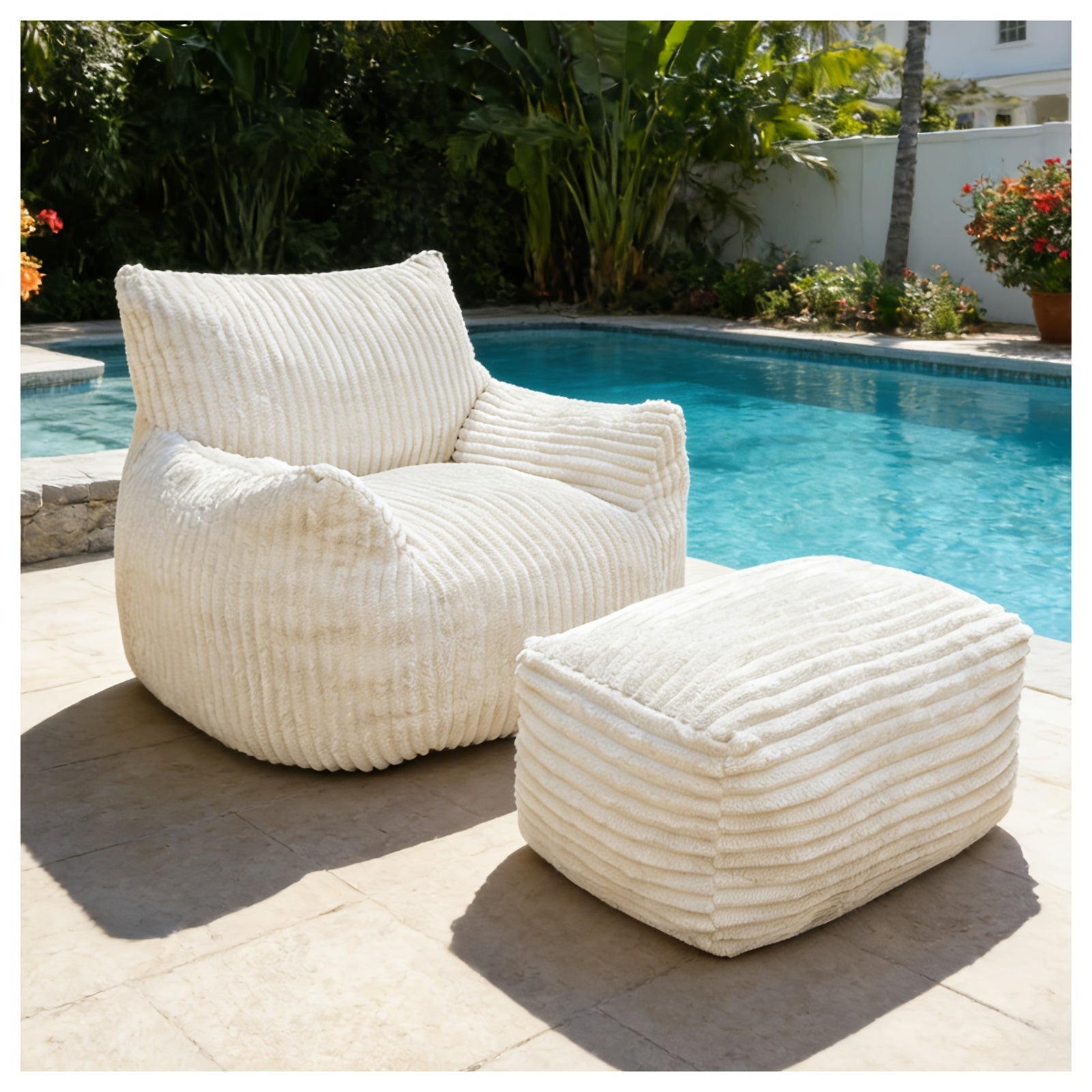 Cozy Corduroy Bean Bag Chair with Footrest - Soft Foam-Filled Lazy Sofa Suitable for Adults &, Corduroy Upholstery Accent Chair for \u002FOutdoor Use, Striped Modern for Living Room, Bedroom, Game Room (Black\u002Fwhite)