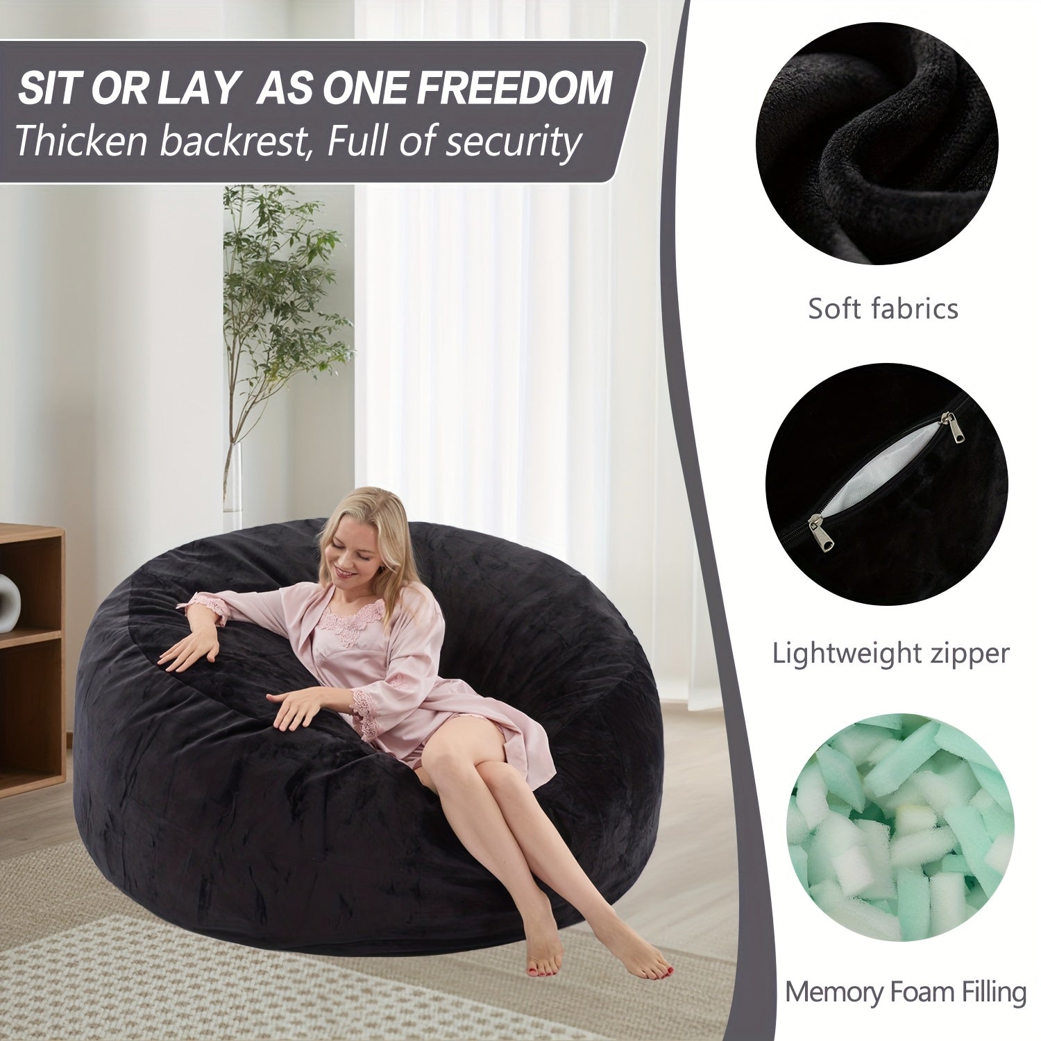 3ft 4ft Bean Bag Chair, 5ft 6ft Giant Bean Bag with Memory Foam Filled Comfy Bean Bag Chairs, for Adults Adult Bean Bag Chair with Dutch Velet Cover for Living Room Bedroom, Apartment, Living Room, Flannel Cover, Machine Washable, Vacuum Packed,