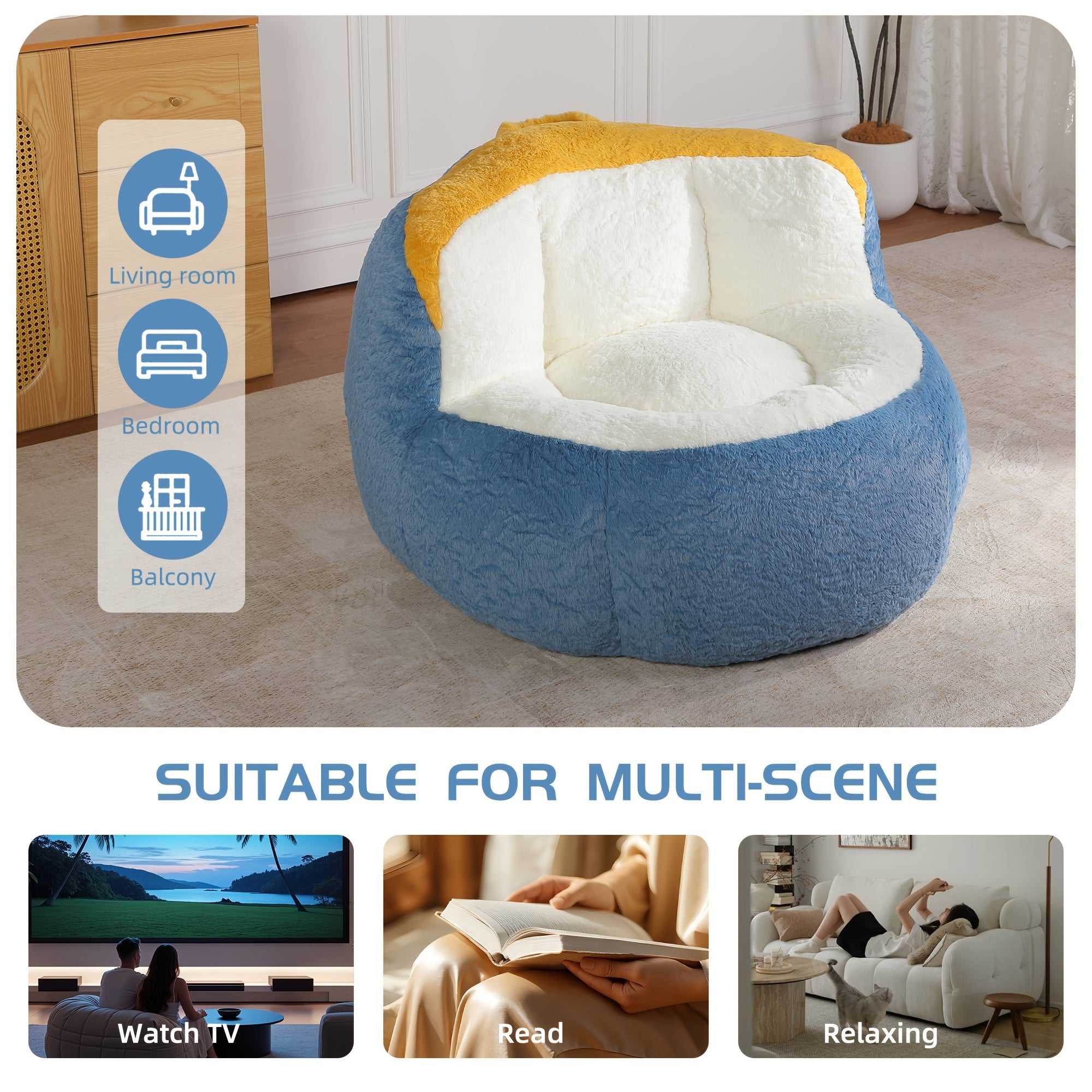 Oversized Faux Fur Bean Bag Chair, Plush Rabbit Fabric Lounger Sofa with High Density Shredded Foam Filling, Soft Cozy Floor Couch with Non Slip Bottom & Handle, No Assembly Large Lounge Chair for Living Room Bedroom Dorm