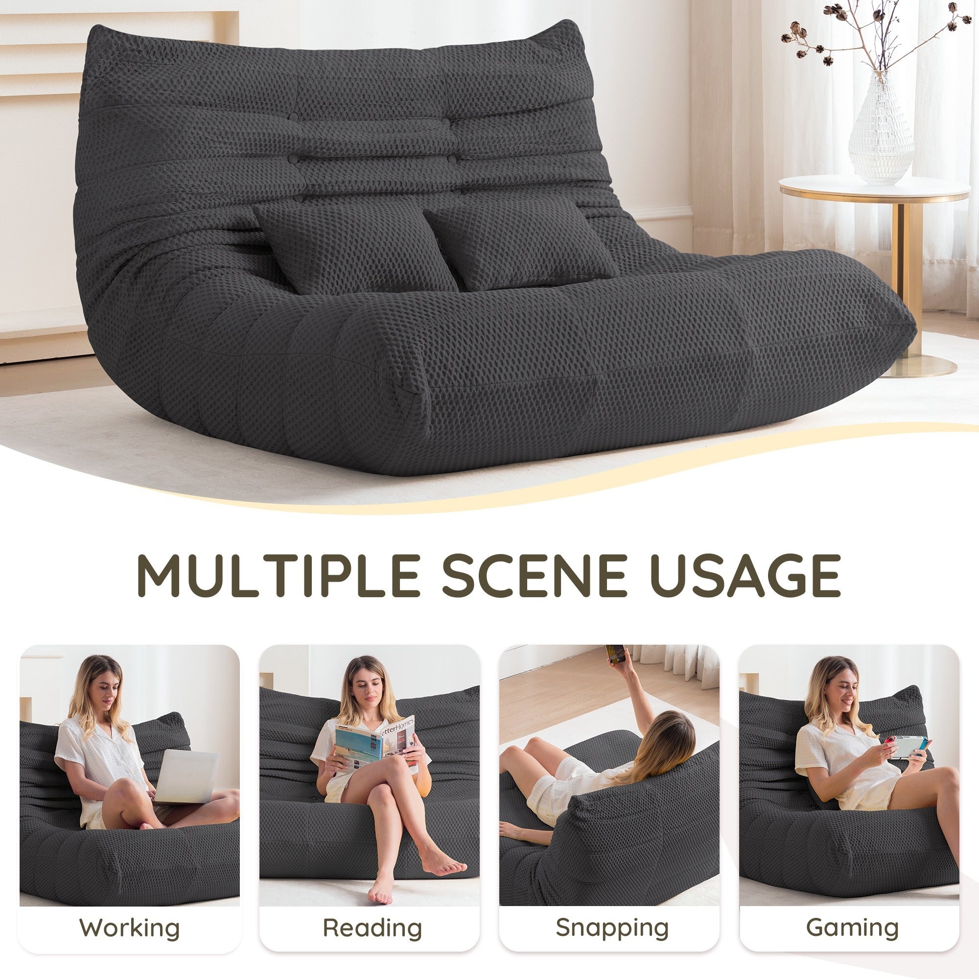 GAVOON Adult Bean Bag Chair - Spacious Bean Bag Featuring Two Cushions, Extra-Large Boneless Chair Made with High-Rebound Memory Foam, Comfortable Floor Sofa Ideal for Reading, Gaming, Living Room, Or Bedroom Use