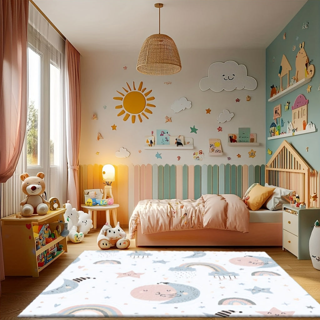 Nursery Rugs | 2D Flat Printing Star and Rainbow Pattern Rectangular Rug, Dream Style, Printed Mat, for large Play Rug, Washable Crawling Mat, Suitable for Bedroom, Machine Washable, Available in Various Sizes, Polyester Material