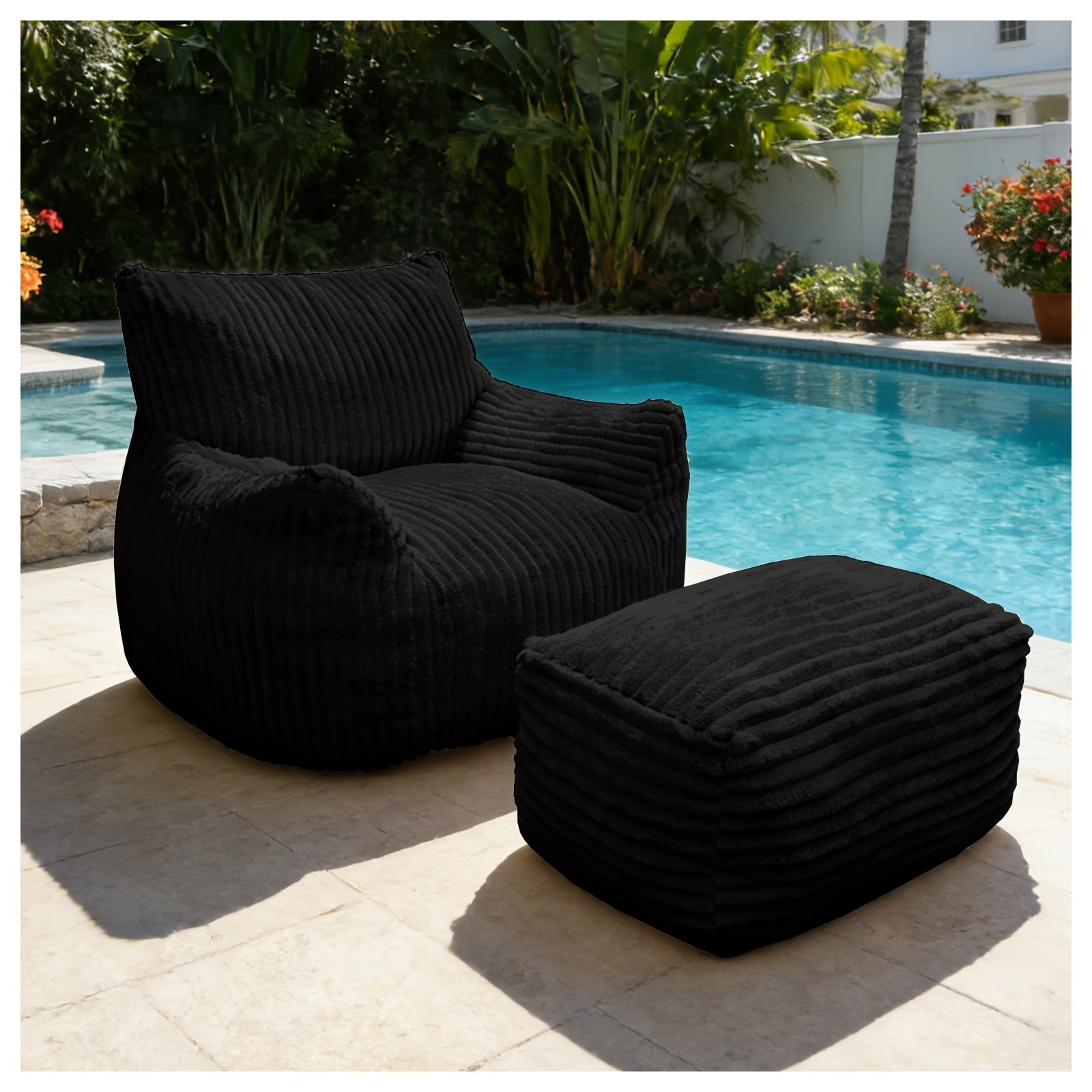 Cozy Corduroy Bean Bag Chair with Footrest - Soft Foam-Filled Lazy Sofa Suitable for Adults &, Corduroy Upholstery Accent Chair for \u002FOutdoor Use, Striped Modern for Living Room, Bedroom, Game Room (Black\u002Fwhite)