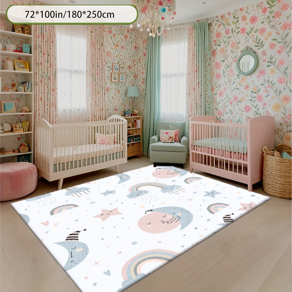 Nursery Rugs | 2D Flat Printing Star and Rainbow Pattern Rectangular Rug, Dream Style, Printed Mat, for large Play Rug, Washable Crawling Mat, Suitable for Bedroom, Machine Washable, Available in Various Sizes, Polyester Material