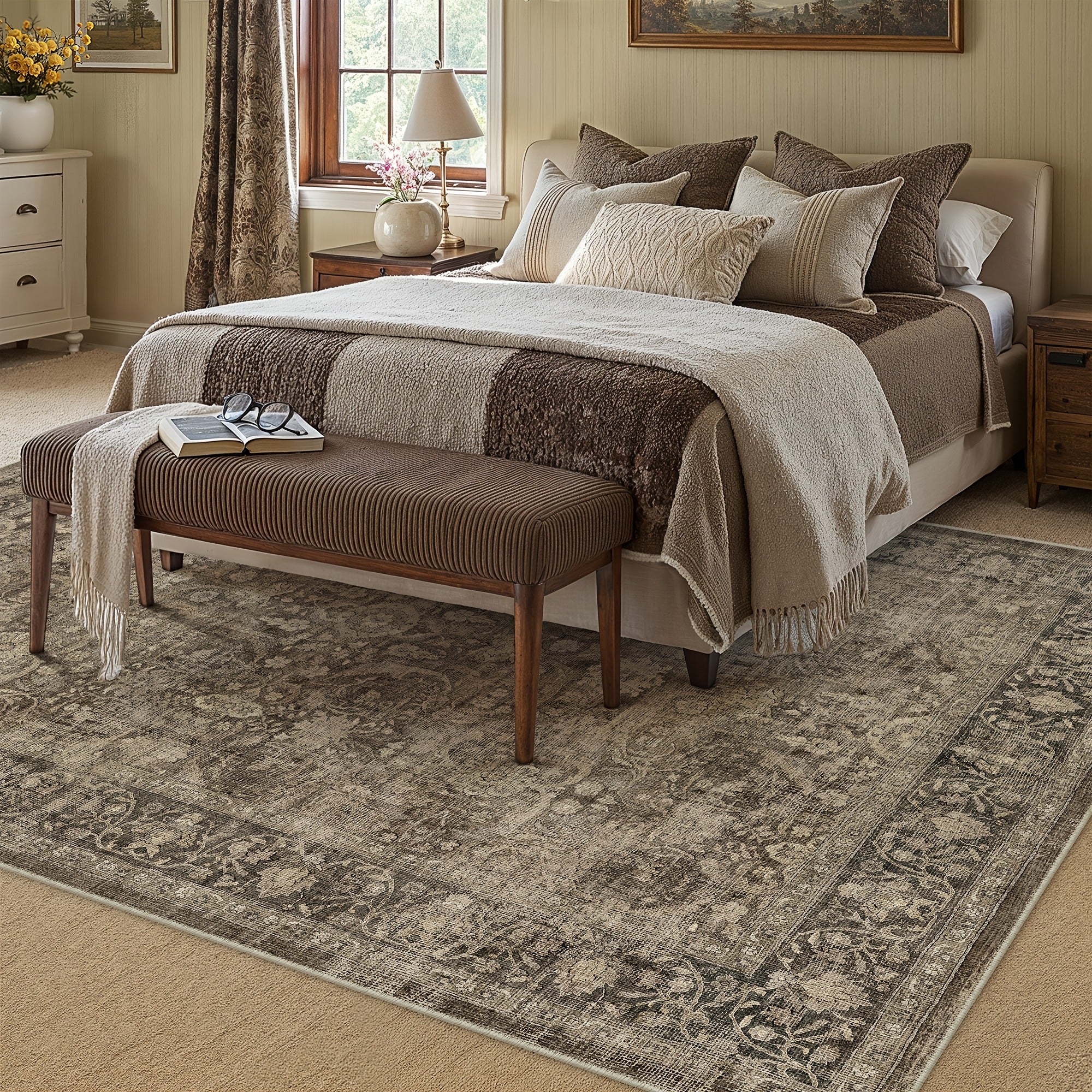 Super Soft Retro Persian-style Rug, Non-slip Backing, Machine Washable Low-pile Printed Rug, Available In Multiple Sizes, Beige\u002Fblue\u002Fbrown, Cozy Home Decor, Mat, Carpet
