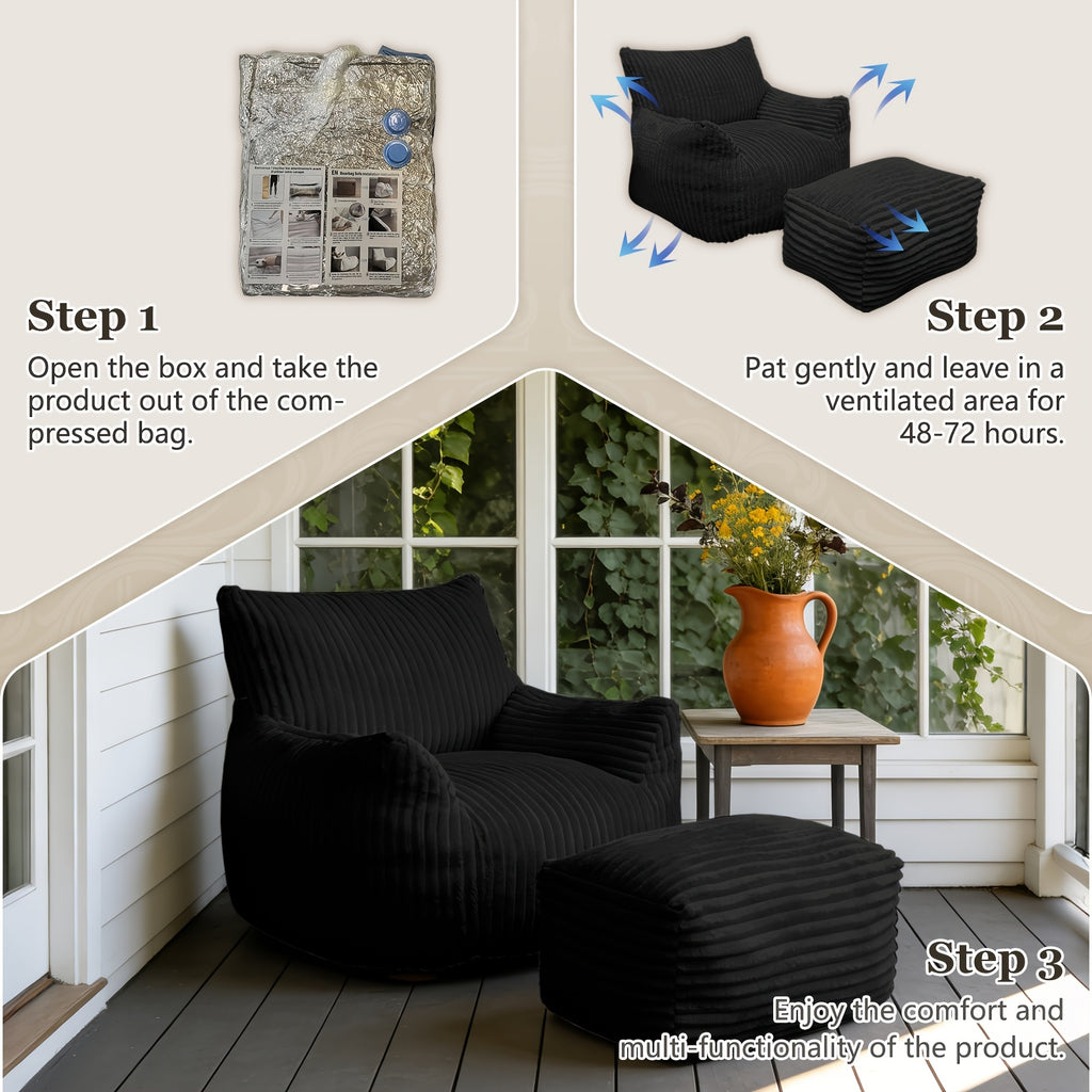 Cozy Corduroy Bean Bag Chair with Footrest - Soft Foam-Filled Lazy Sofa Suitable for Adults &, Corduroy Upholstery Accent Chair for \u002FOutdoor Use, Striped Modern for Living Room, Bedroom, Game Room (Black\u002Fwhite)