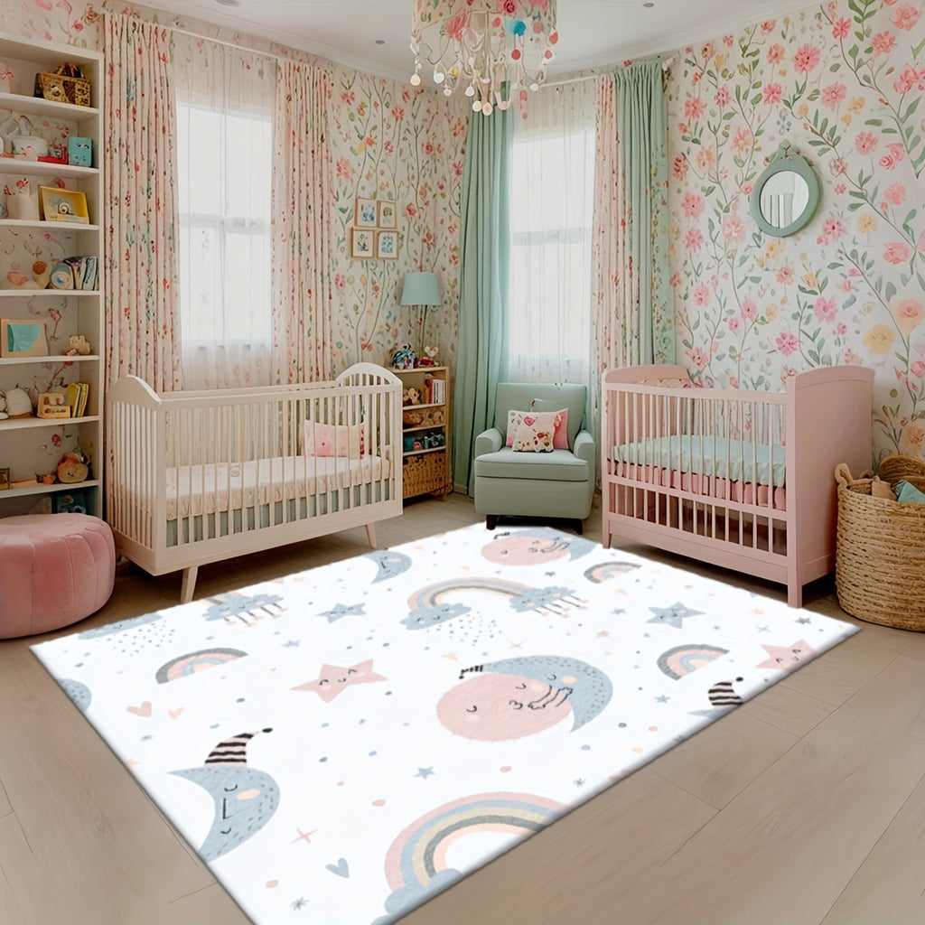 Nursery Rugs | 2D Flat Printing Star and Rainbow Pattern Rectangular Rug, Dream Style, Printed Mat, for large Play Rug, Washable Crawling Mat, Suitable for Bedroom, Machine Washable, Available in Various Sizes, Polyester Material