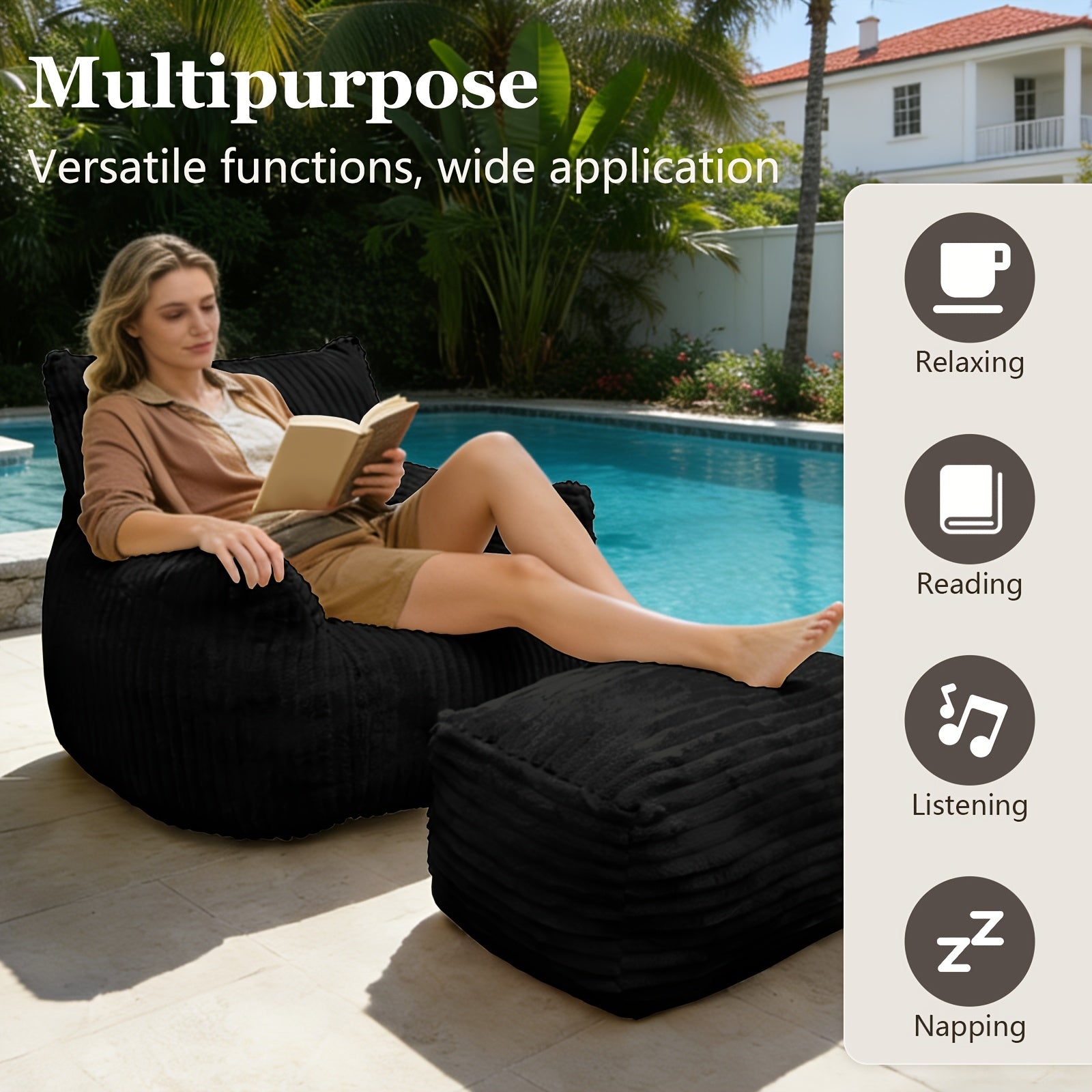 Cozy Corduroy Bean Bag Chair with Footrest - Soft Foam-Filled Lazy Sofa Suitable for Adults &, Corduroy Upholstery Accent Chair for \u002FOutdoor Use, Striped Modern for Living Room, Bedroom, Game Room (Black\u002Fwhite)