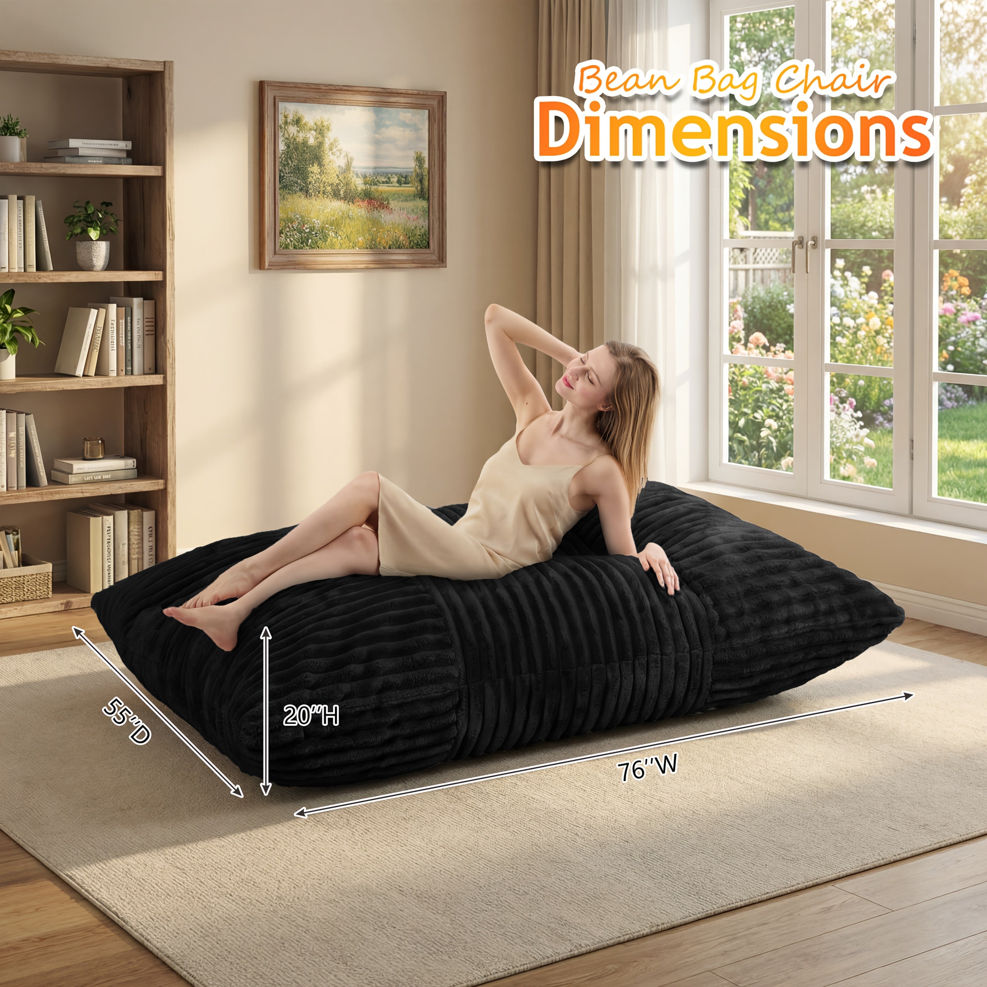 Multi-functional Casual Sofa, Giant 3-in-1 Bean Bag Chair, Convertible Floor Seat Cushion Mattress, Filled with Foam Sponge, Washable Sofa Cover, Suitable for Living Room, Bedroom, Etc., Black Casual Chair for Adults