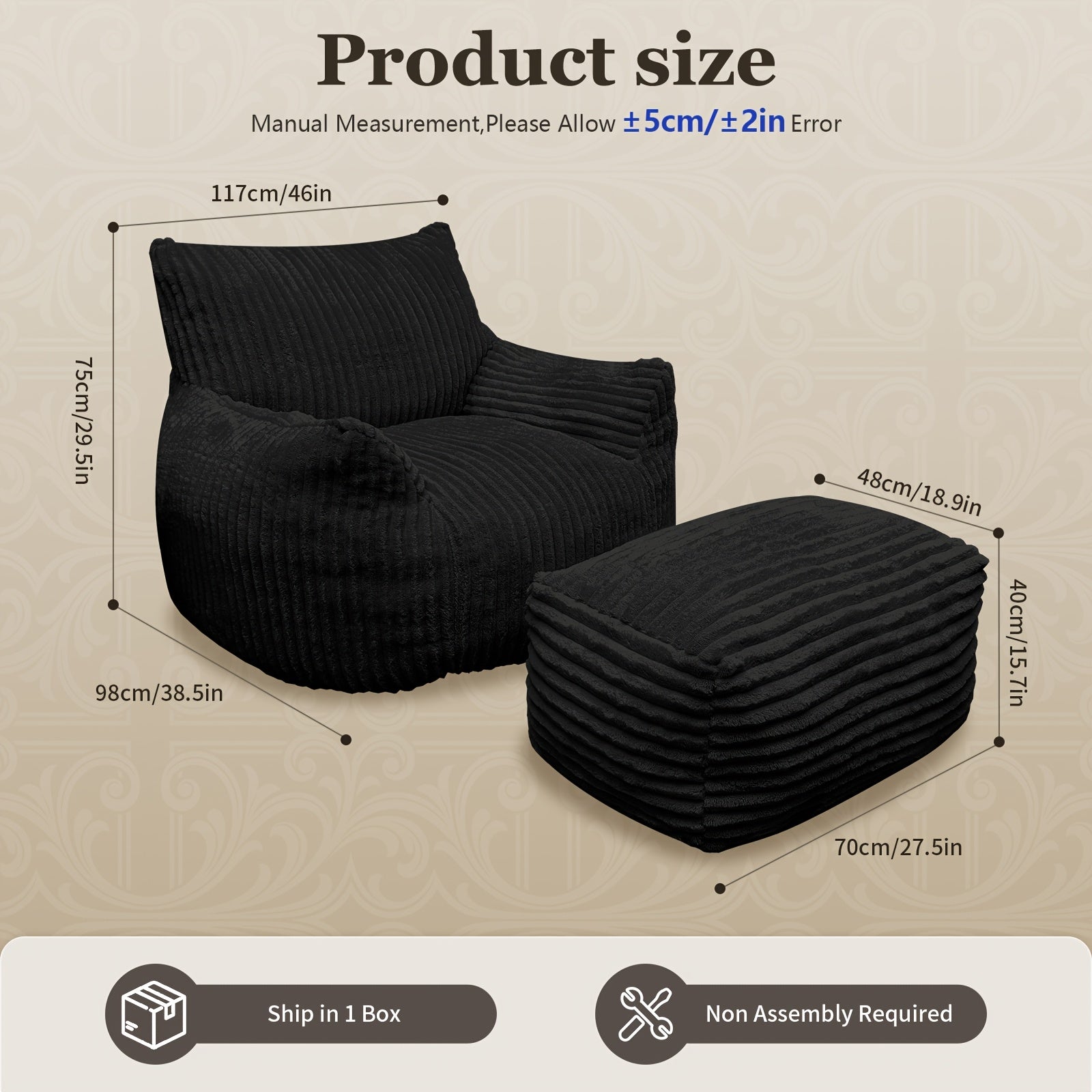 Cozy Corduroy Bean Bag Chair with Footrest - Soft Foam-Filled Lazy Sofa Suitable for Adults &, Corduroy Upholstery Accent Chair for \u002FOutdoor Use, Striped Modern for Living Room, Bedroom, Game Room (Black\u002Fwhite)