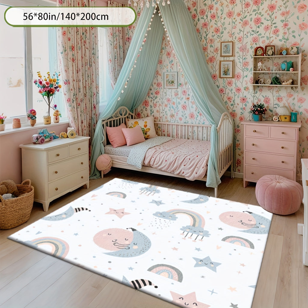 Nursery Rugs | 2D Flat Printing Star and Rainbow Pattern Rectangular Rug, Dream Style, Printed Mat, for large Play Rug, Washable Crawling Mat, Suitable for Bedroom, Machine Washable, Available in Various Sizes, Polyester Material