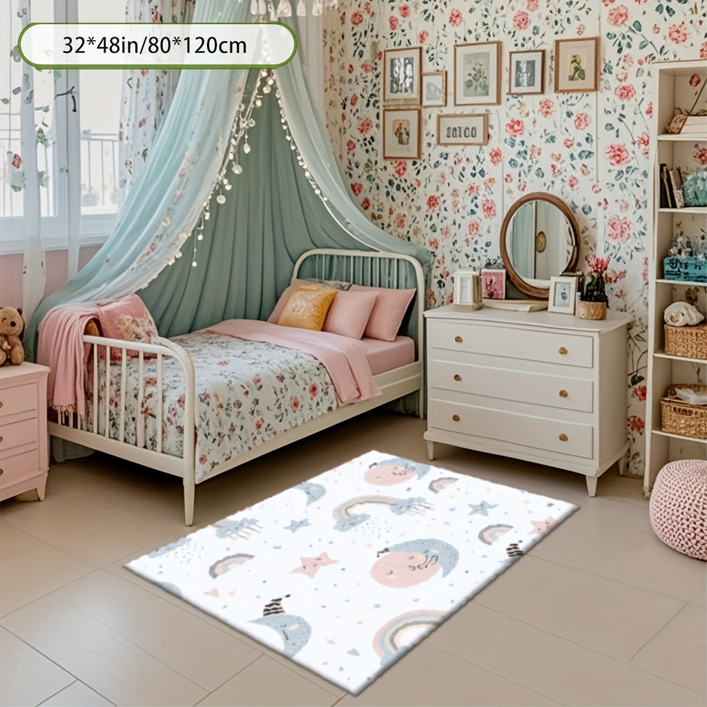 Nursery Rugs | 2D Flat Printing Star and Rainbow Pattern Rectangular Rug, Dream Style, Printed Mat, for large Play Rug, Washable Crawling Mat, Suitable for Bedroom, Machine Washable, Available in Various Sizes, Polyester Material
