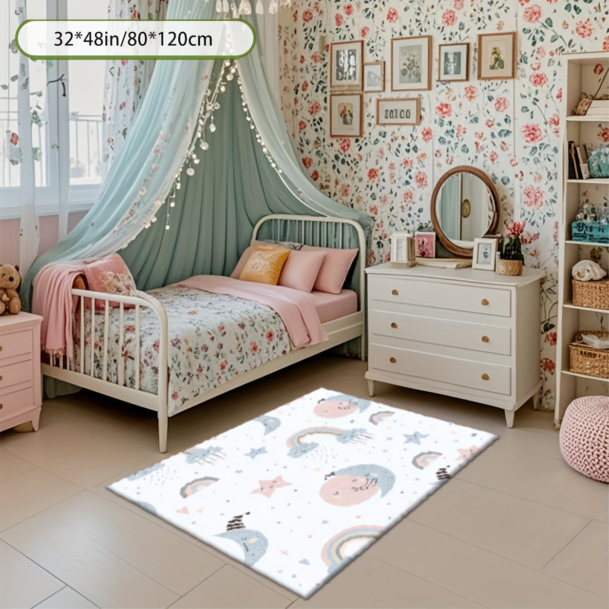 Nursery Rugs | 2D Flat Printing Star and Rainbow Pattern Rectangular Rug, Dream Style, Printed Mat, for large Play Rug, Washable Crawling Mat, Suitable for Bedroom, Machine Washable, Available in Various Sizes, Polyester Material