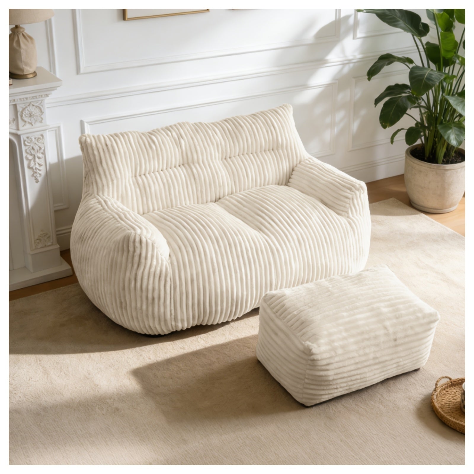 Cozy Corduroy Bean Bag Chair with Footrest - Soft Foam-Filled Lazy Sofa Suitable for Adults &, Corduroy Upholstery Accent Chair for \u002FOutdoor Use, Striped Modern for Living Room, Bedroom, Game Room (Black\u002Fwhite)