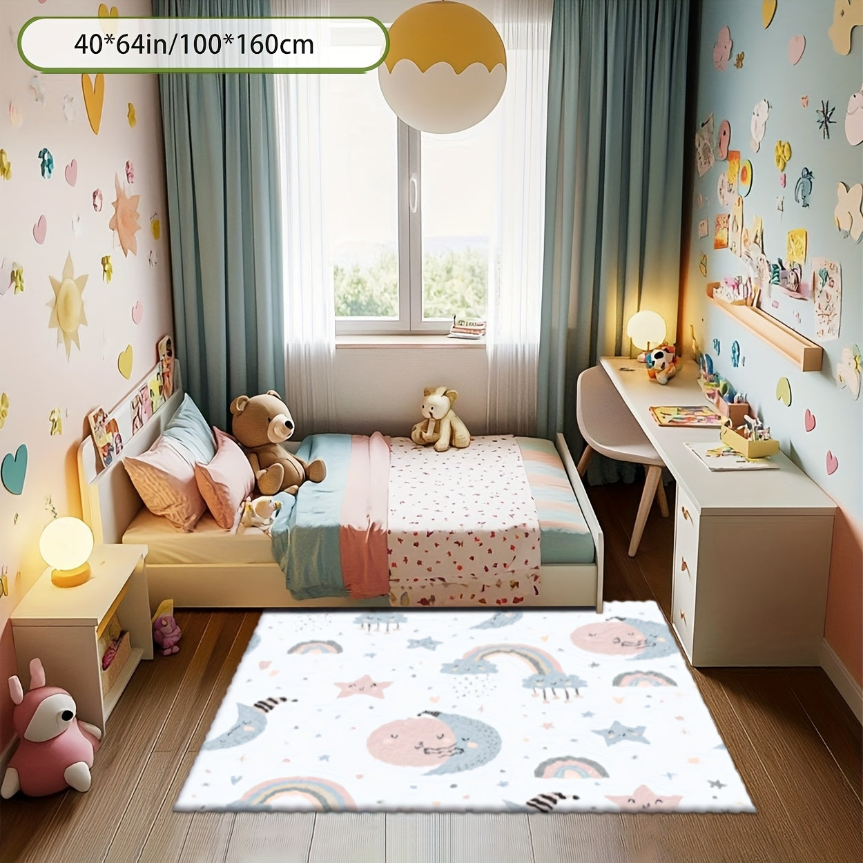 Nursery Rugs | 2D Flat Printing Star and Rainbow Pattern Rectangular Rug, Dream Style, Printed Mat, for large Play Rug, Washable Crawling Mat, Suitable for Bedroom, Machine Washable, Available in Various Sizes, Polyester Material