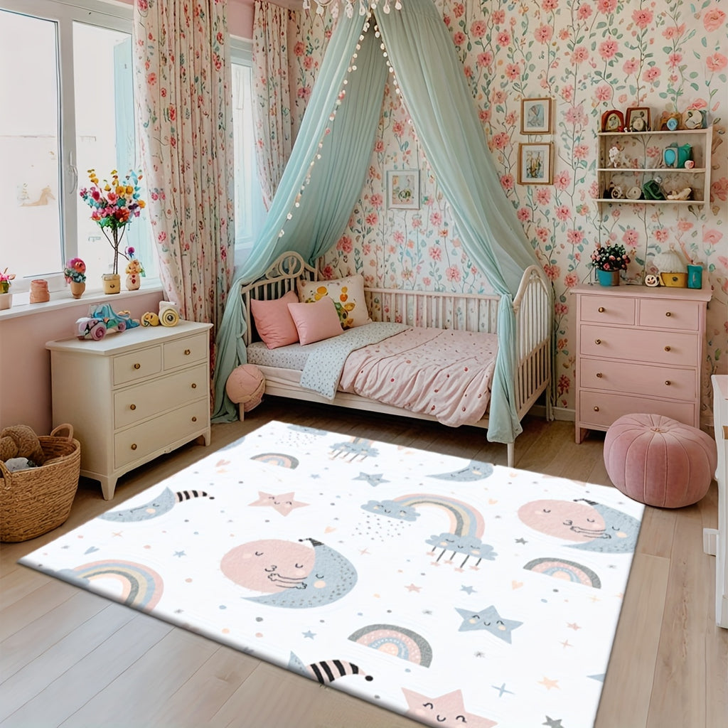 Nursery Rugs | 2D Flat Printing Star and Rainbow Pattern Rectangular Rug, Dream Style, Printed Mat, for large Play Rug, Washable Crawling Mat, Suitable for Bedroom, Machine Washable, Available in Various Sizes, Polyester Material