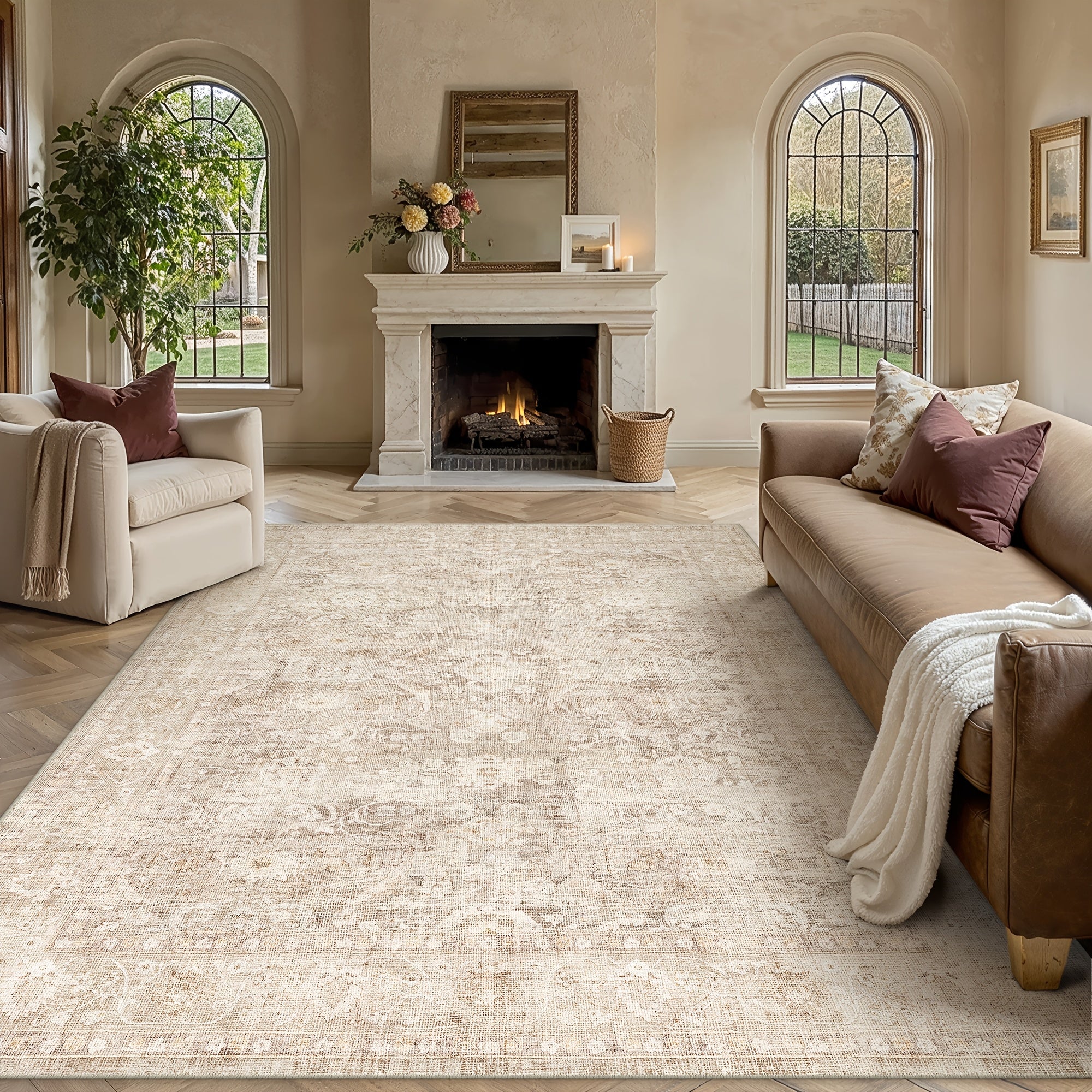 Super Soft Retro Persian-style Rug, Non-slip Backing, Machine Washable Low-pile Printed Rug, Available In Multiple Sizes, Beige\u002Fblue\u002Fbrown, Cozy Home Decor, Mat, Carpet