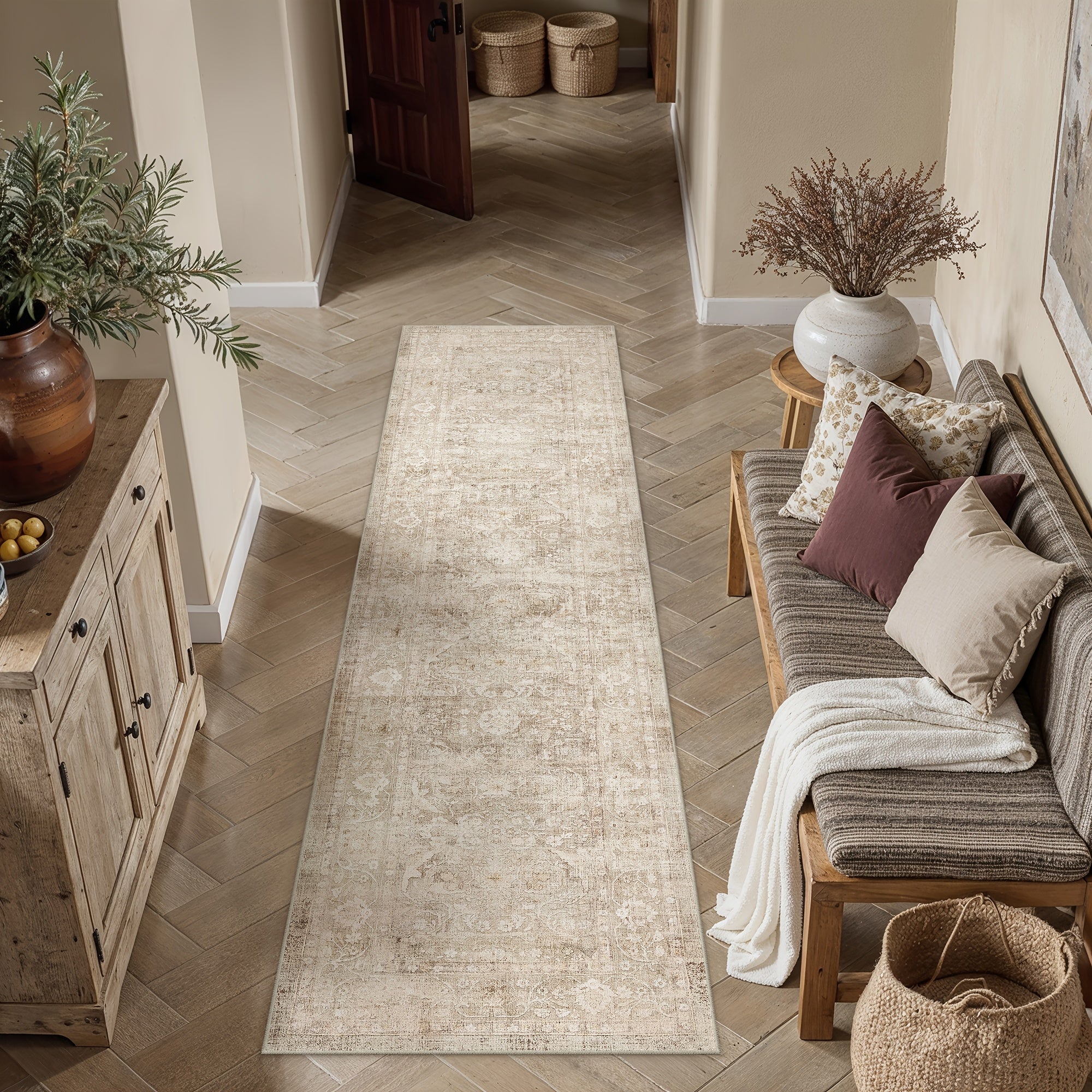 Super Soft Retro Persian-style Rug, Non-slip Backing, Machine Washable Low-pile Printed Rug, Available In Multiple Sizes, Beige\u002Fblue\u002Fbrown, Cozy Home Decor, Mat, Carpet