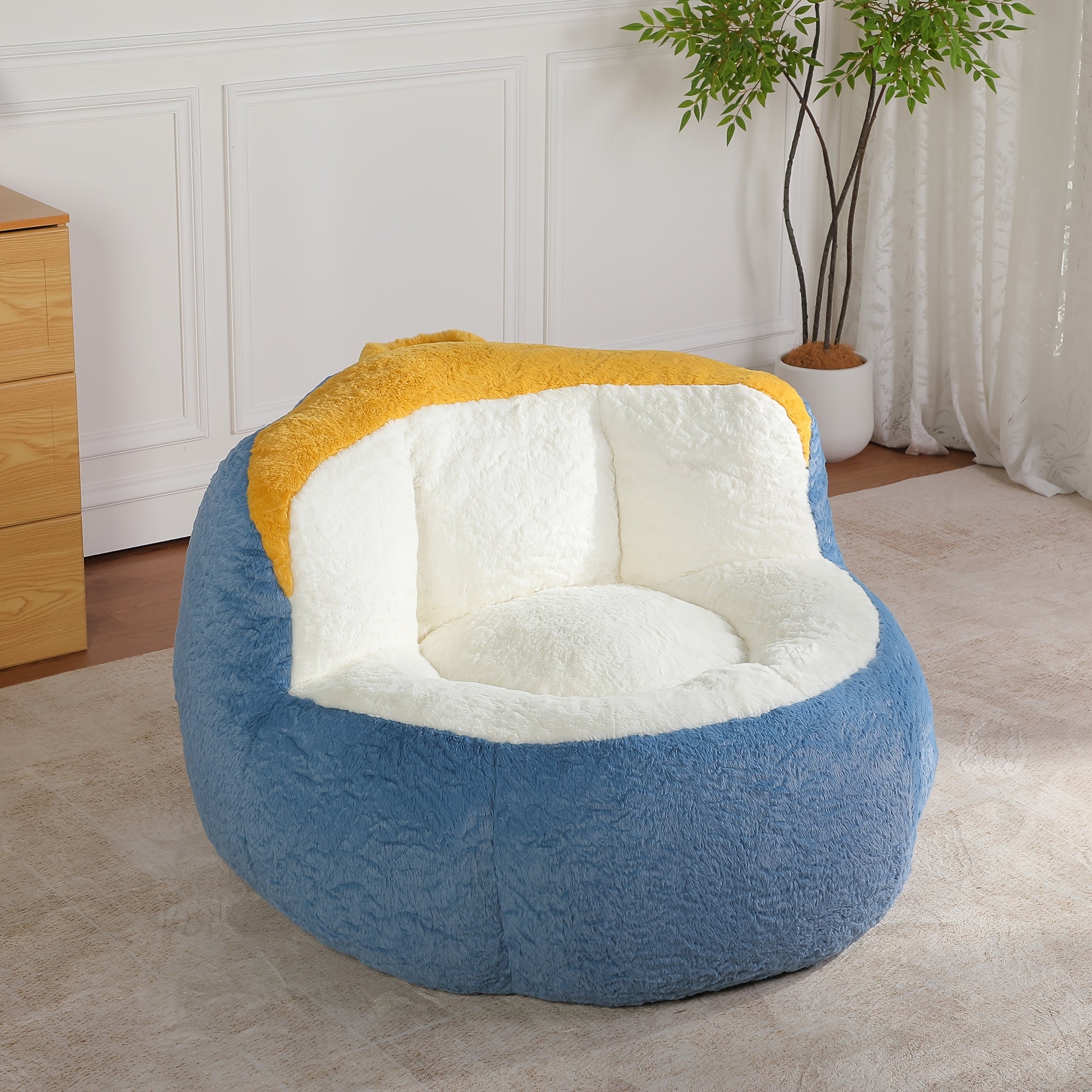 Oversized Faux Fur Bean Bag Chair, Plush Rabbit Fabric Lounger Sofa with High Density Shredded Foam Filling, Soft Cozy Floor Couch with Non Slip Bottom & Handle, No Assembly Large Lounge Chair for Living Room Bedroom Dorm